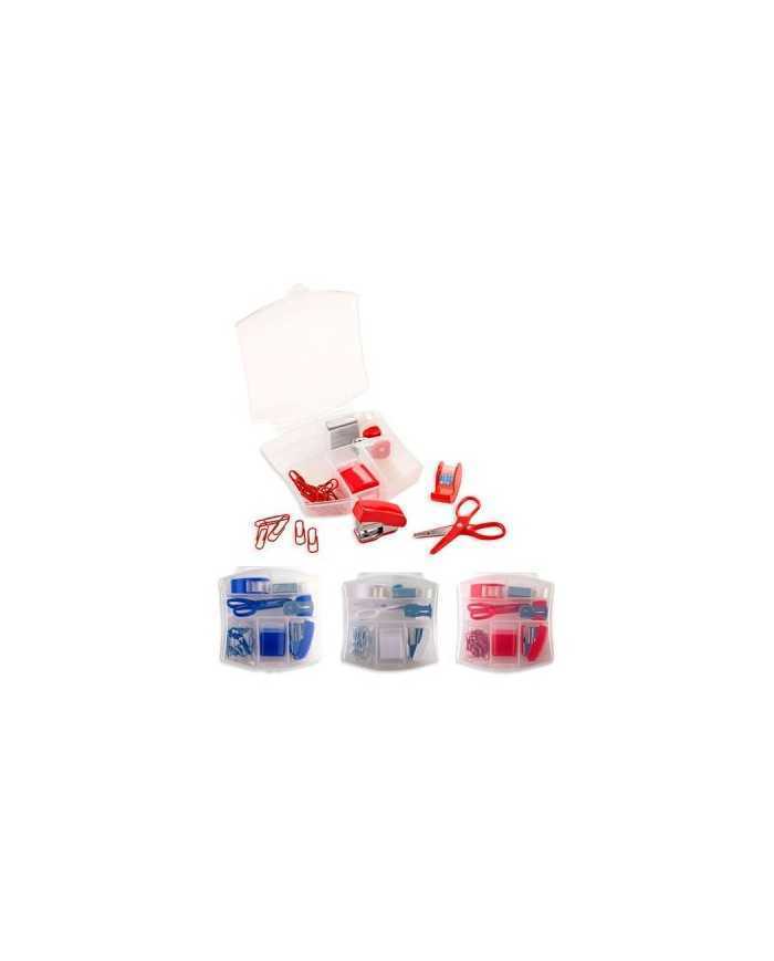 Set de mini escritorio plastico blanco traslucido con materiales.