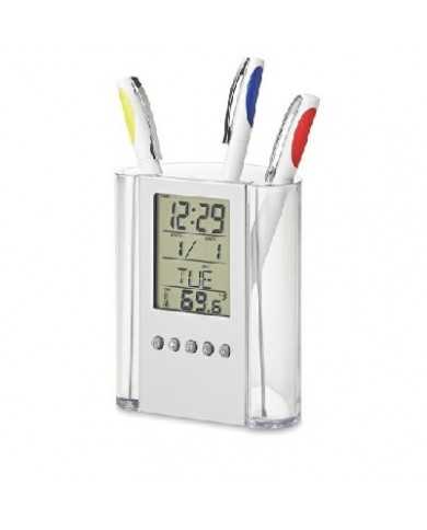 Porta lapiceros de plasticos transparente con reloj parte frontal
