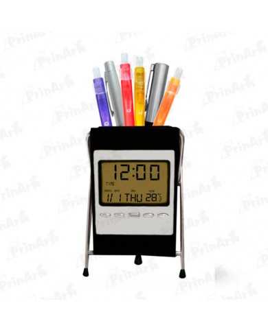 Porta lapicero con cuerina soporte metal con reloj